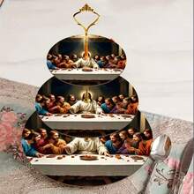 1 pieza Bandeja de madera de 3 niveles con el diseño de La Última Cena - Bandeja de servir con tema de arte religioso y diseño de discípulos, apta para bodas, Pascua, Navidad, cumpleaños, decoración del hogar - Pieza central decorativa y funcional duradera y multiusos para fiestas - Multicolor - Ver 3