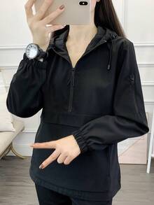 防风防水宽松纯色休闲半拉链时尚修身登山户外徒步夹克运动服 - 黑色 - 查看 6