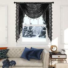 Lace Beaded Waterfall Valances For Windows Floral Vintage Swag Valance Sheer Kitchen Window Curtains Over Sink Curtain Valance For Living Room Bedroom Bathroom Cafe (Black,39\X41\) - 黑色 - 查看 4