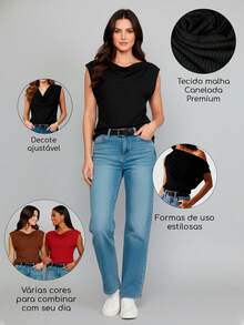 Blusa Feminina Assimétrica Gola Boba Elegante Decote 3 Em 1 | Slim e Plus Size - Preto - Visão 3