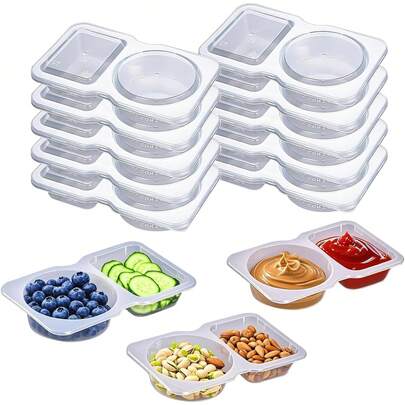1/14/22 piezas Recipientes portátiles de doble compartimento para condimentos - Bandejas reutilizables de plástico para salsas y salsas con tapas, tazas para mojar de uso múltiple, envases para aderezos de ensalada para llevar, cajas de condimentos de doble compartimento, recipientes de doble compartimento para aperitivos, para salsas para llevar, aperitivos de viaje, aperitivos de playa, Pascua, Ramadán, Día de la Madre, fiestas, fiestas de cumpleaños, reuniones