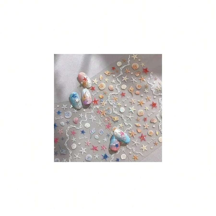 2 Sheet 5D Embossed Nail Art Stickers Se--Adhesive Nail Stickers For Summer Nail Art With Starfish Shell Design Colorful Nail Decals Conch Nail Supplies For Women Manicure Decorations - 樣式1 - 查看 1