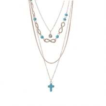 Element Combination Necklace, Lucky Number 8, Turquoise Cross, Multi-Layer Jewelry - Gold - View 5