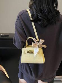 现代时尚丝巾装饰女士手提包，时尚独特的鳄鱼纹压花面料单肩包，可调节肩带，百搭都市通勤风格，适合购物、通勤 - 黃色 - 查看 4