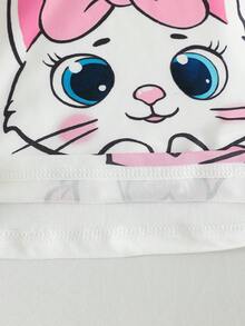 New Baby Girls Short Sleeve Cartoon Print Casual Round Neck Top And Solid Color Embroidered Letter Shorts 2 Piece Set, Suitable For Daily Casual, Outing And Vacation - White - View 7
