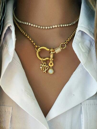 1pc Women's Gold Horseshoe Necklace With Small Screw Clasp, Zodiac Pendant And Round Pendant. Elegant And Luxurious, Perfect Gift For Holidays And Birthdays.