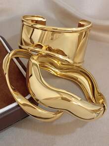 Pulsera brazalete geométrica gruesa para mujer, diseño abierto y ancho, pulsera apilable de color dorado, conjunto de joyas regalo de Navidad/cumpleaños - Multicolor - Ver 3