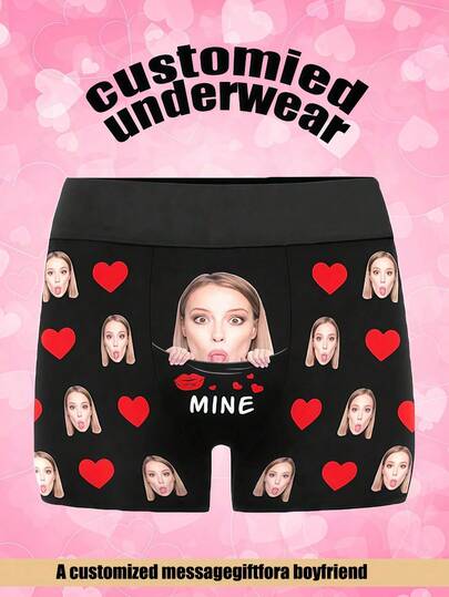 Customized Men's Printed Boxer Briefs, Comfortable Daily Elastic Casual Underwear, Customized Heart-Shaped Pattern Valentine's Day Underwear, Christmas Outfit, Christmas Gift, Merry Christmas, Customized Christmas Underwear