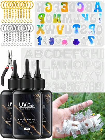 UV树脂DIY入门套装，300克环氧树脂，含海洋动物/字母模具、钥匙扣配件和钳子