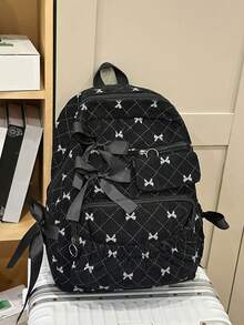 1个粉色蝴蝶结图案灯芯绒大容量缎带装饰背包，韩版可爱风格，适合女性日常通勤和上学使用 - 彩色 - 查看 12