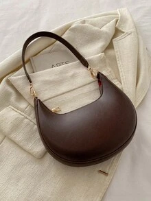 1pc Coffee Brown Crescent-Shaped PU Leather Shoulder Bag, Fashion Simple Solid Color Women Underarm Bag, Autumn/Winter , Old Money - 棕色 - 查看 1