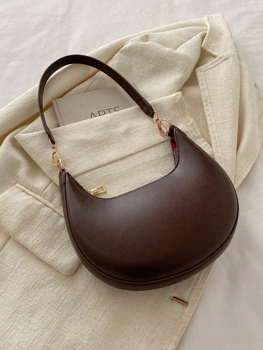 1pc Coffee Brown Crescent-Shaped PU Leather Shoulder Bag, Fashion Simple Solid Color Women Underarm Bag, Autumn/Winter , Old Money - 棕色 - 查看 1