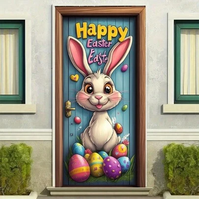 Rèm cửa phẳng 2D hình thỏ Phục Sinh và trứng, 1 chiếc, kèm biển "Chúc mừng Phục Sinh" - 35,4"X70,9" (90x180cm), trang trí tiệc mùa xuân, trứng màu sắc nhẹ nhàng đáng yêu, phù hợp trang trí cửa trong nhà/ngoài trời, phông nền đám cưới, chất liệu vải bền.