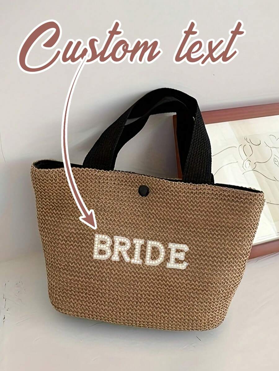 Personalized Customization Pearl Letter Embroidered Towels, Letters A-Z, Stylish Woven Bag, A Versatile Woven Bag For Summer Beach Vacations, A Bohemian-Style Straw Bag, Large Capacity Storage, Women's Handbag, Suitable For Travel, Beach, Vacation, Camping, And Outdoor Activities. A Perfect Gift For Family And Friends' Birthdays Or As A Mother's Day Gift. - Multicolor - View 1