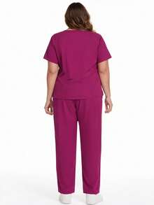 cimmuovere V-Neck Crossover Dual Pocket Short Sleeve Nurse Uniform Pants With Elastic Waist, Casual Commuting Outfit