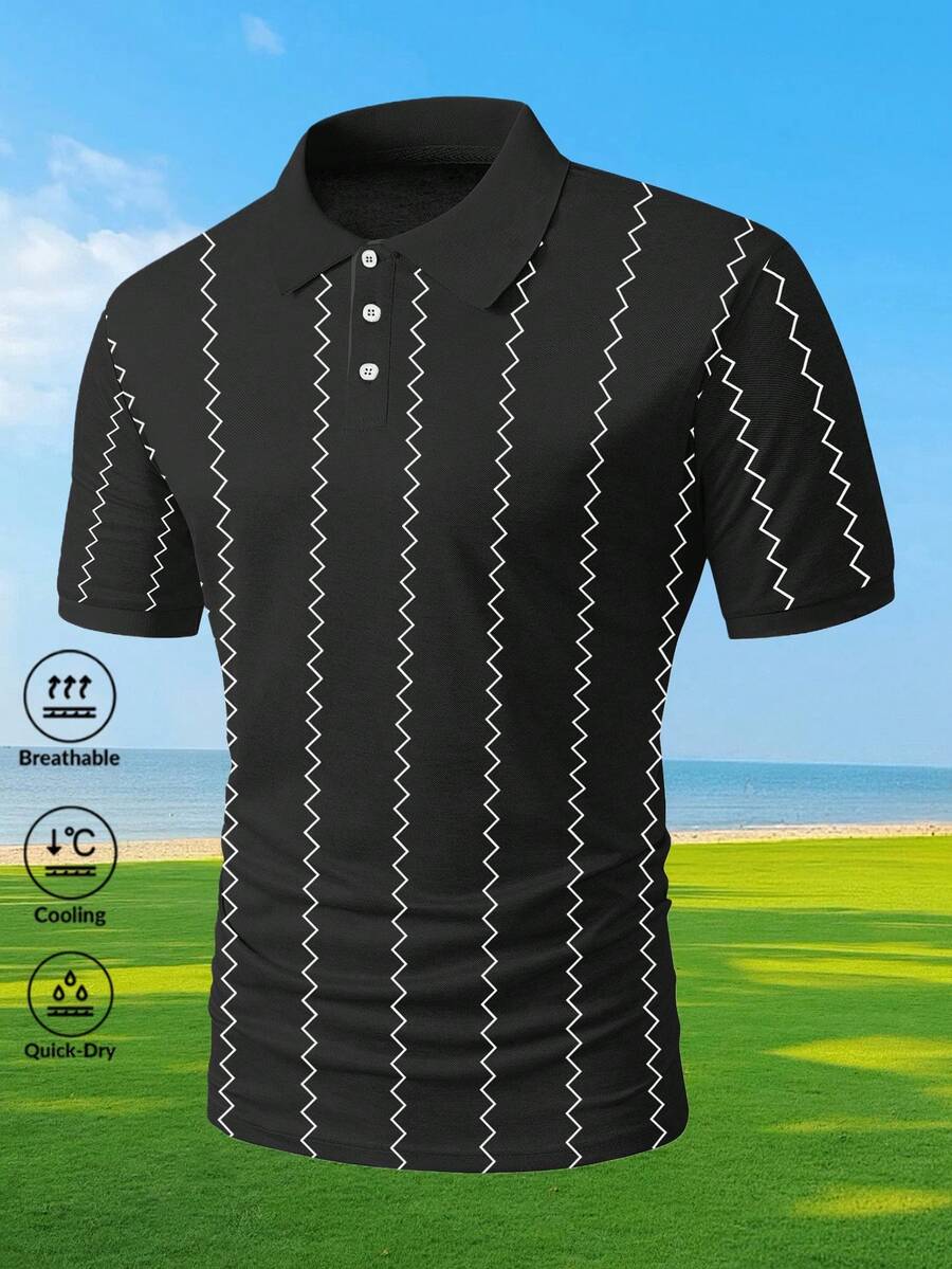1pc Men's Summer Black Base White Zigzag Patterned Polo Shirt, Geometric Print Lapel Casual Short Sleeve Top - Black - View 1