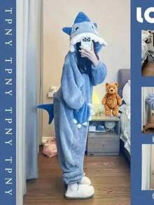 Women's Flannel Jumpsuit, Thickened Shark Hooded Long Plush Warm Cartoon Suit, Cute And Interesting Cartoon Shark Hooded Warm Jacket, Suitable For Birthday, Halloween, Christmas, New Year Gifts, Bathrobe Can Be Worn As A Blanket, Autumn/Winter - Multicolor - View 1