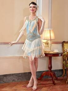 1920s Flapper Style Lace V-Neck Fringe Dress Set For Women - Baby Blue - View 5