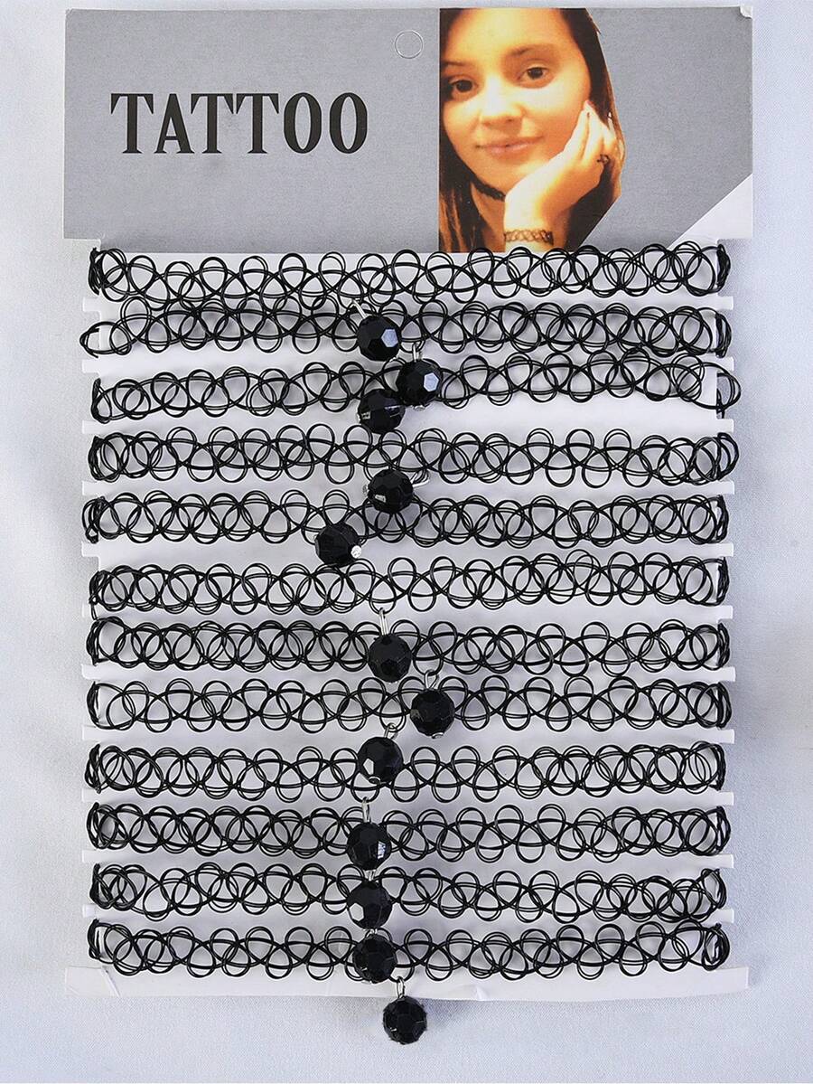 12pcs Gothic Style Handmade Woven Fishline Tattoo Choker Necklace Set For Women