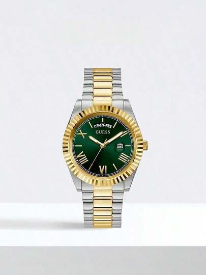  Reloj de cuarzo analógico elegante y clásico para hombres Guess, con pantalla de fecha/día, esfera redonda verde, correa de acero inoxidable plateada y dorada, adecuado para uso diario de negocios, regalo de cumpleaños, regalo de Navidad GW0265G8