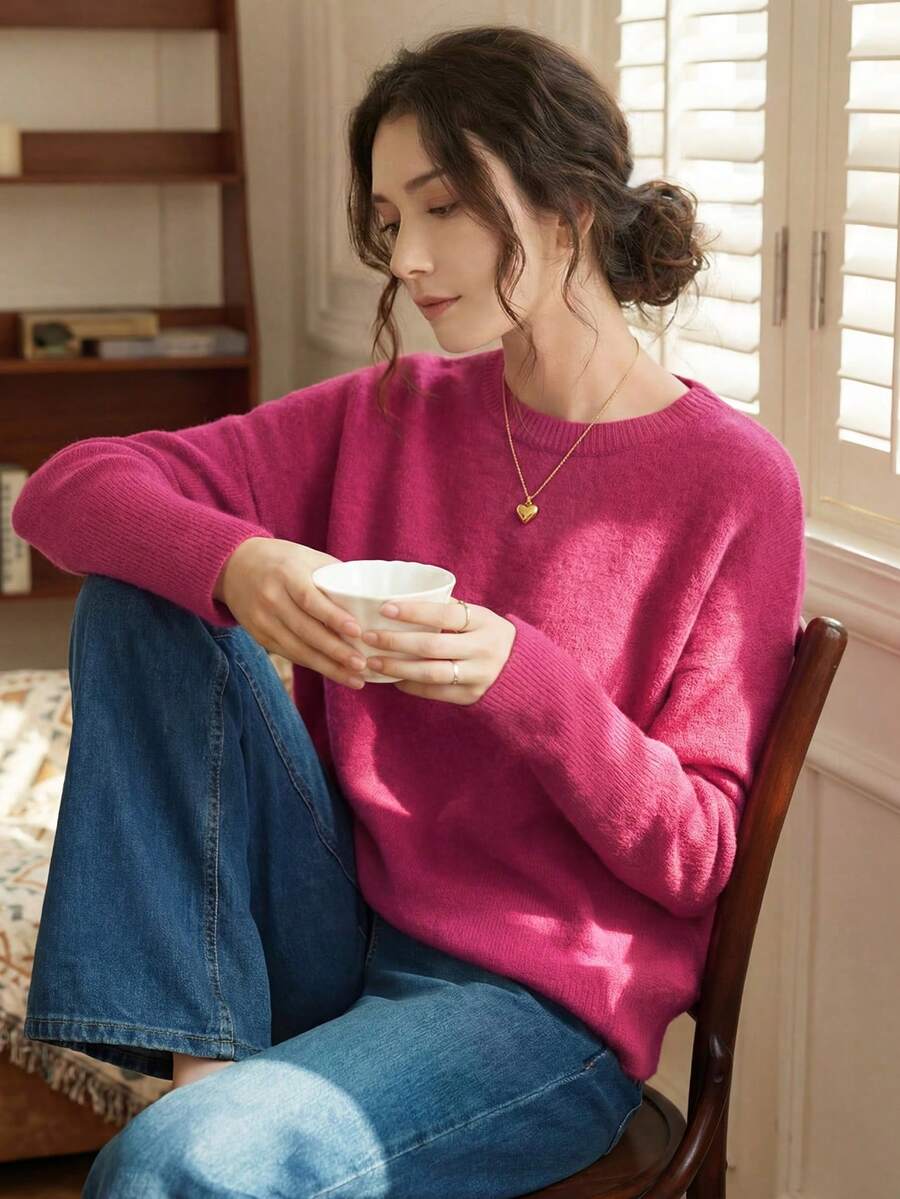 Knit Mix Áo len nữ kiểu Pháp thanh lịch, dáng rộng thoải mái, tay dài, cổ tròn, thích hợp cho mùa thu/đông, lý tưởng cho Giáng sinh, Lễ Tạ ơn, Năm mới và các ngày lễ khác, cũng như Ngày Valentine, mùa tựu trường và thời trang mùa thu. - quả mâm xôi đỏ - Xem 1
