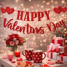 Happy Valentine's Day Banner Decor, Red Glitter Heart Wreath For Valentine's Day Party, Wedding, Romantic Home Decoration - Multicolor - View 2