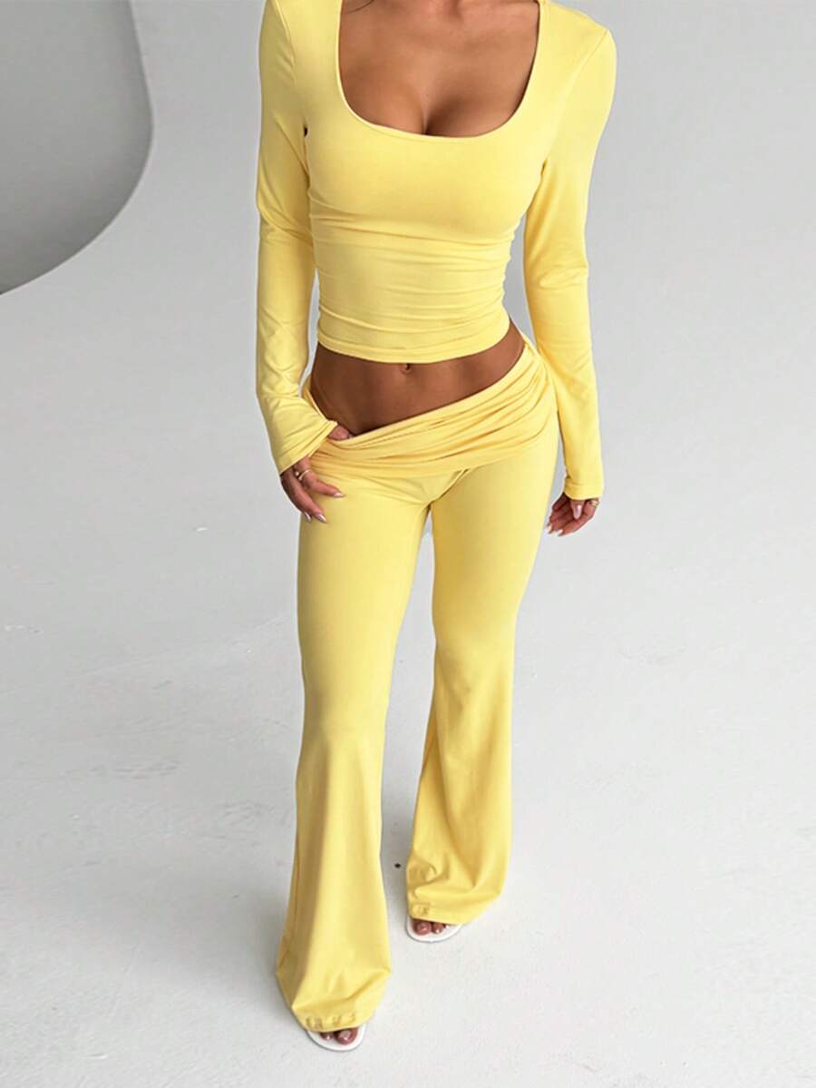 WOWDARK Women's Fashion Square Neck Fitted Casual Cropped Top And Long Pants Set - Màu vàng - Xem 1