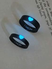 ATLVXJL 2pcs/Set Luminous Couple/Friendship/Family "I Love You" Heart & Letter Design Glow-In-The-Dark Couple Rings, Casual Jewelry Suitable For Daily Wear And Holiday Gift - Black - View 4