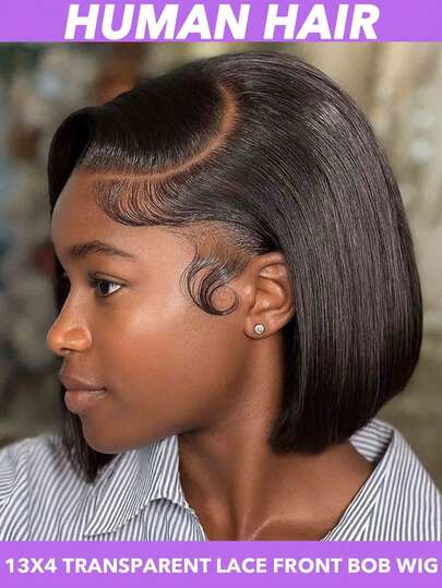 直发波波头假发 13x4 蕾丝前假发 女士真人发假发 真人发蕾丝假发 预先拔毛 8 10 12 14 16 英寸 150% 200% 密度 自然黑色短款波波头假发 适合派对和日常佩戴