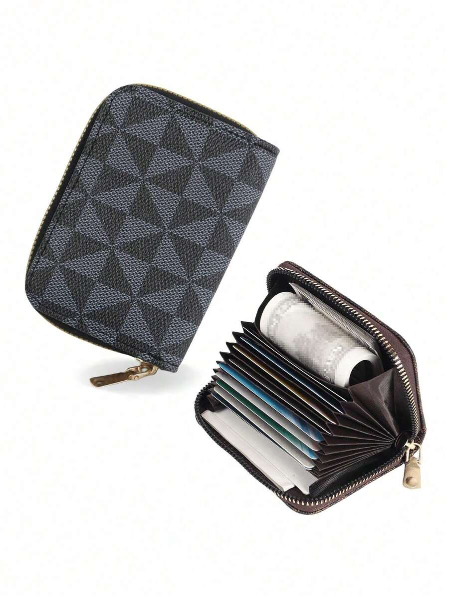 HOVI'S Men Card Holder Black Gray Geometric Pattern Fabric Full Zipper Closure - Multi Card Slots Compact Portable New Year Gift Valentine's Day Gift Valentine'S Day - Black - View 1