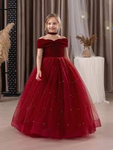 Tween Girl Christmas Dress Spaghetti Strap Bow Tulle Elegant Flower Girl Party Dress Princess Gown, Suitable For Girls Wedding, Party, Birthday, Communion, Special Occasions - Burgundy - View 5