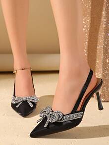 Sapatos de salto alto para casamento com laço de strass para mulheres - Preto - Ver 6