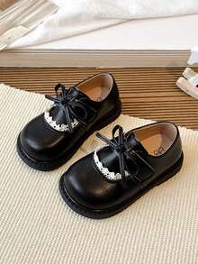 2026新款女童真皮鞋可爱蕾丝蝴蝶结时尚儿童软底公主鞋幼儿软底防滑学生假日鞋 - 黑色 - 查看 2