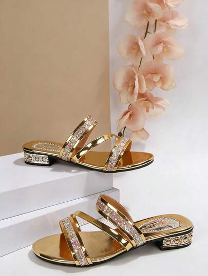 Sandalias de mujer para el verano con tiras con lentejuelas, puntera abierta, tacón grueso, dorado, de lujo ligero, de slip-on, sandalias de playa