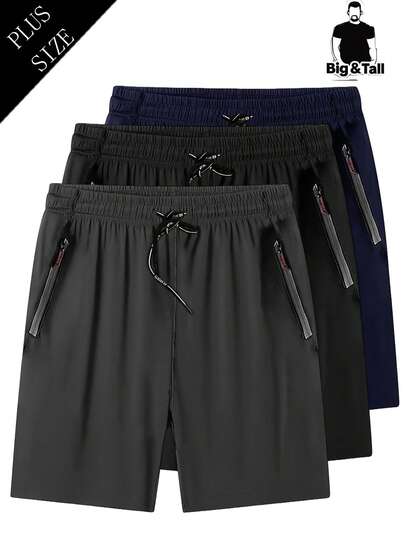 Plus Size Men's Elastic Straight Leg Shorts, Summer Solid Color Pants With Zipper Pockets And Drawstring, Lightweight And Suitable For Sports, Running, Fitness