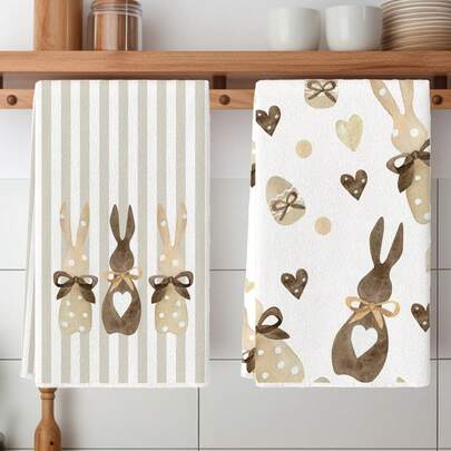 2pcs Watercolor Brown Vintage Rabbit & Floral Pattern, Blue Cute Cartoon Rabbit Pattern Spring Summer Countryside Decor Kitchen Towel, Dish Cloth, Holiday Party Supplies, Bathroom Hand Towel, Suitable For Kitchen, Dining Room And Tabletop