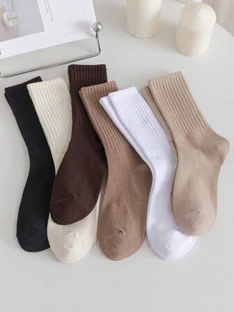 5/6 Pairs Women Knee High Socks, Multi-Layer Long Socks, Casual Knit Socks, Women's Ankle Socks, Leisure Socks, Maillard Color