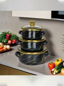 3pcs Enamel Coated Pots With Gold Rim, Enamel Bowls, Household Pots, Mini Pots, Enamel Soup Pots, Ramen Bowls, Small Hot Pot, Thick Enamel Coated Pots, Mini Saucepan, Enamel Coated Pots With Dual Handles For Induction Cooktop And Gas Stove, Enamel Coated Soup Pot, Lard Jar, Milk Pot With Lid, Dual-Use For Induction Cooktop