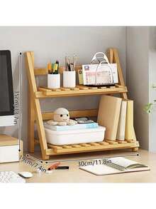 2-Tier Foldable Bamboo Kitchen Organizer Rack - Multifunctional Storage Shelf For Countertop And Cabinet, Space Saving, Home Decor - Brown - View 3
