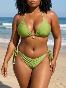 Sultry Sol Plus Size Halter Tie Side Thongs Bikini Set With Medium Stretch Fabric Sexy Casual Plus Size Swimsuit - Olive Green - View 2