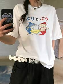 New Summer Z-Gen Y2K Style Women's Funny Fish Print Round Neck Short Sleeve T-Shirt - White - View 4