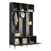 Wardrobe Set With Bench, Multifunctional Storage Bench, Open Storage, 6 Hooks And Gold Legs, Suitable For An Entryway Or Living Room, White, W 120/D 40/H 191.5 Cm - 黑色 - 查看 11