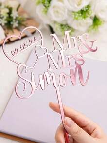 1/3/5pcs Personalized "Bride & Groom" Heart-Shaped Acrylic Wedding Cake Topper, With Names And Date, Best Gift For Newlyweds, Wedding Anniversary, Party Decor, Wedding Cake Decoration, Customized Cake Topper, Rustic Wedding Cake Decor ,Kitchen Utensils, Bachelorette Party, Wedding Merch - Multicolor - View 7