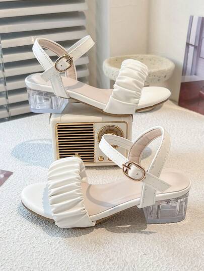 A Pair Of Simple-Style Strap High-Heeled Sandals For Girls - Pleated Upper And Gold Strap Decoration