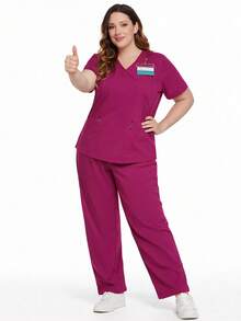 cimmuovere V-Neck Crossover Dual Pocket Short Sleeve Nurse Uniform Pants With Elastic Waist, Casual Commuting Outfit