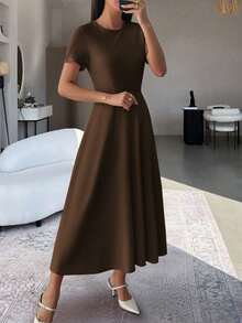 PoPoHouse 女士优雅性感短袖圆领长连衣裙，适合派对、通勤、夏季度假等场合 - 棕色 - 查看 3
