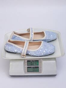 Plus Size EU35-43 Fashionable Sequin Square Toe Flat Shoes, Slip-On Daily Wear Flat Shoes With Buckle, Suitable For Dresses, Multiple Colors & Patterns Available, Spring/Autumn - Light Blue Lace With White Sequins - View 9