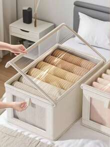 1pc Oxford Cloth Visible Clothing Storage Box With Cover, Portable Fabric Organizer Box, Moisture-Proof For Clothes, Pants, Socks, Underwear - Beige - View 6