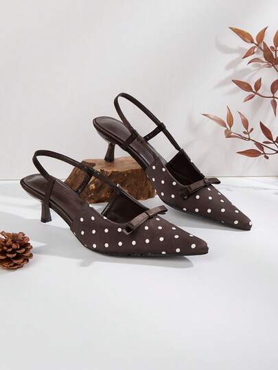 Coffee Polka Dot Bow Tie Pointed Toe Slip-On High Heel Pumps, Elegant Office/Commute Shoes