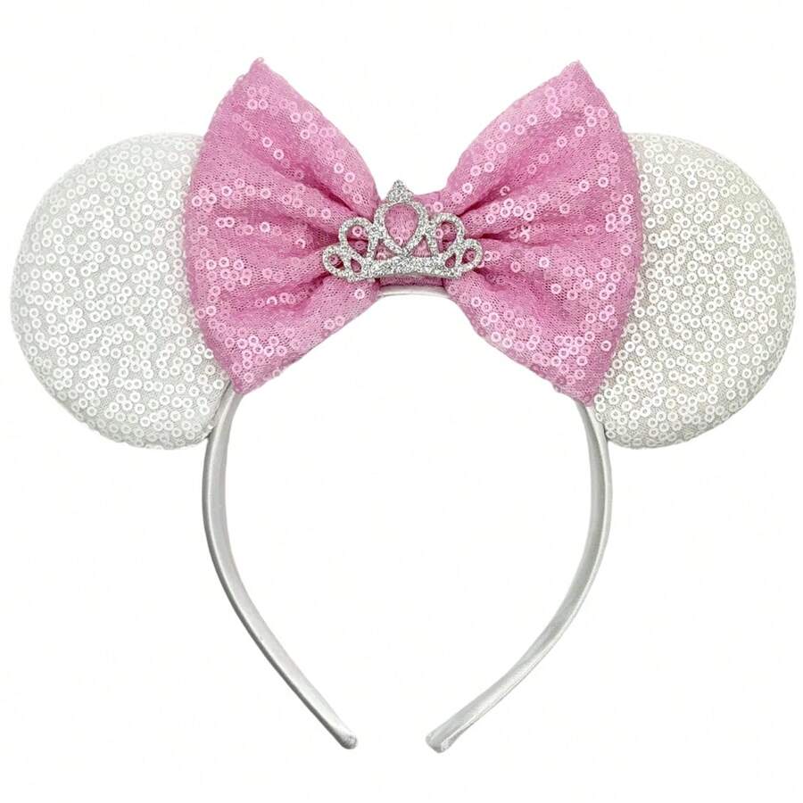 Disney 1pc Shiny Creative Cute Pink & White Princess Queen Crown Theme Mouse Big Ear Sequin Headband, Student Party Costume Accessory